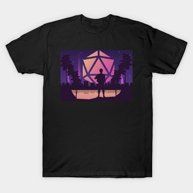 80s Adventure Futuristic City Polyhedral D20 Dice Moon RPG Landscape T-Shirt by pixeptional